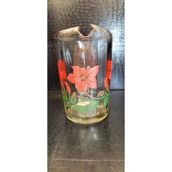 Vintage Heavy Glass Panel Red and Green Floral Pattern Tea Pitcher - Picture 2 of 9